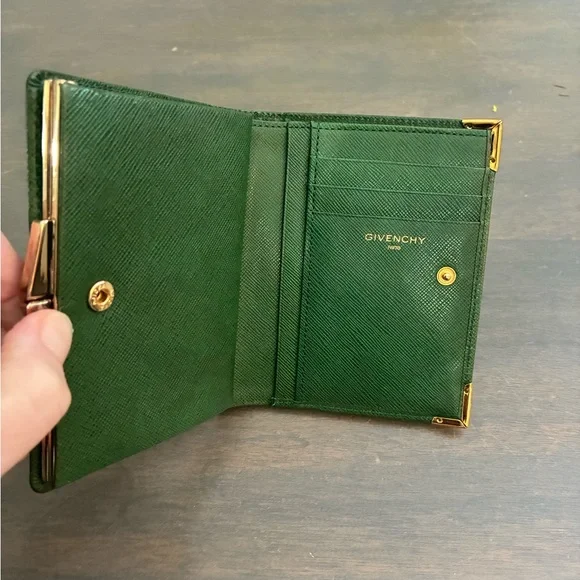 VINTAGE Givenchy Forest Green Bifold Compact Wallet w Gold Tone Accents Leather - Picture 3 of 9